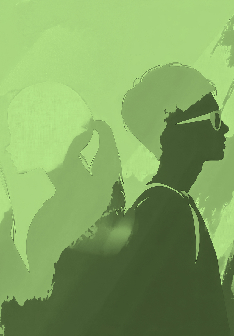 Två silhuetter, en man och en kvinna, står rygg mot rygg i en grön tonad illustration.