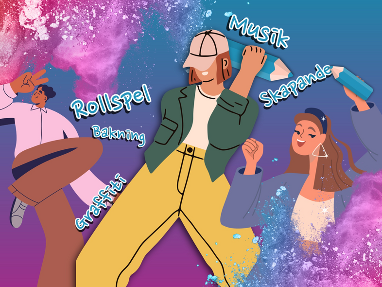 Färgglad illustration av tre personer med ord som musik, skapande, rollspel, bakning och graffiti.