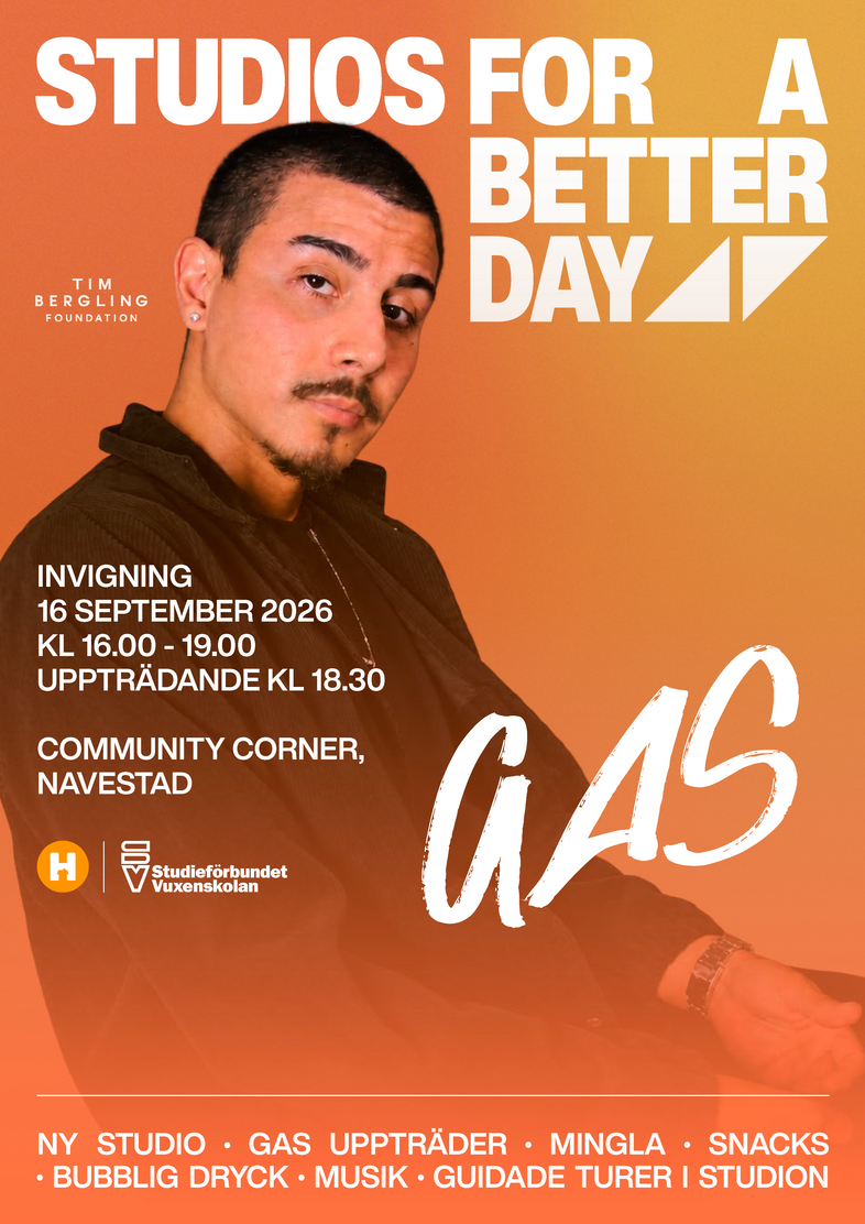 Affisch för invigning av 'Studios for a Better Day' med artistbild, datum och information om evenemanget i Navestad.