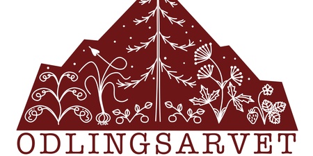 Logotyp med stiliserade växter och bergsform i vinrött, texten 'ODLINGSARVET' under.