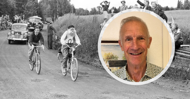i förgrunden porträtt av leende Stefan Sandberg, i bakgrunden svartvitt foto på cyklande äldre man "Stålfarfar" på en landsväg med bilar och publik.