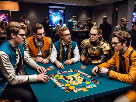 Fem personer i färgglada, futuristiska dräkter spelar ett brädspel vid ett bord på ett evenemang.