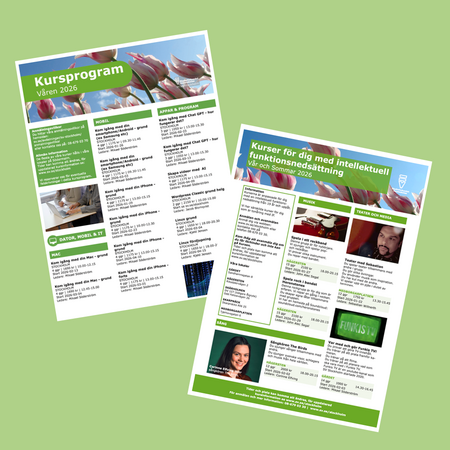 Två kursprogramblad för våren och sommaren 2026 mot grön bakgrund.