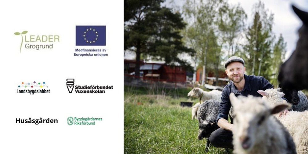 En person matar får på en grön äng, omgiven av träd och röda byggnader. Logotyper för olika organisationer till vänster.