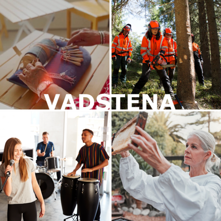 Fyra bilder: hantverk, skogsarbete, musikband och kvinna som målar, med texten Vadstena i mitten.