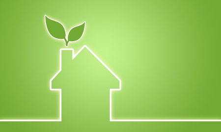 En stiliserad huskontur med två gröna blad på skorstenen mot en grön bakgrund.