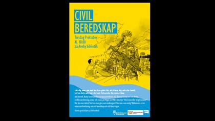 Affisch om civil beredskap med illustration av soldat, familj och text om evenemang på Aneby bibliotek.