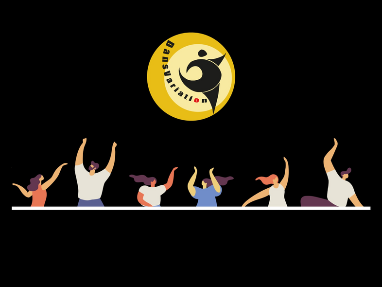 Illustration av sex personer som dansar under en gul logotyp med texten 'Dansinspiration' mot svart bakgrund.