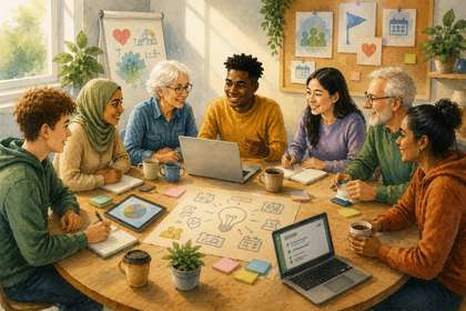 En grupp människor sitter runt ett bord i ett ljust mötesrum och diskuterar idéer, med laptops och anteckningsblock.