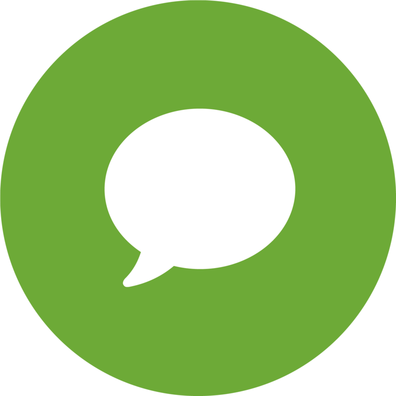 Grön cirkel med en vit pratbubbla i mitten, symboliserar kommunikation eller meddelande.