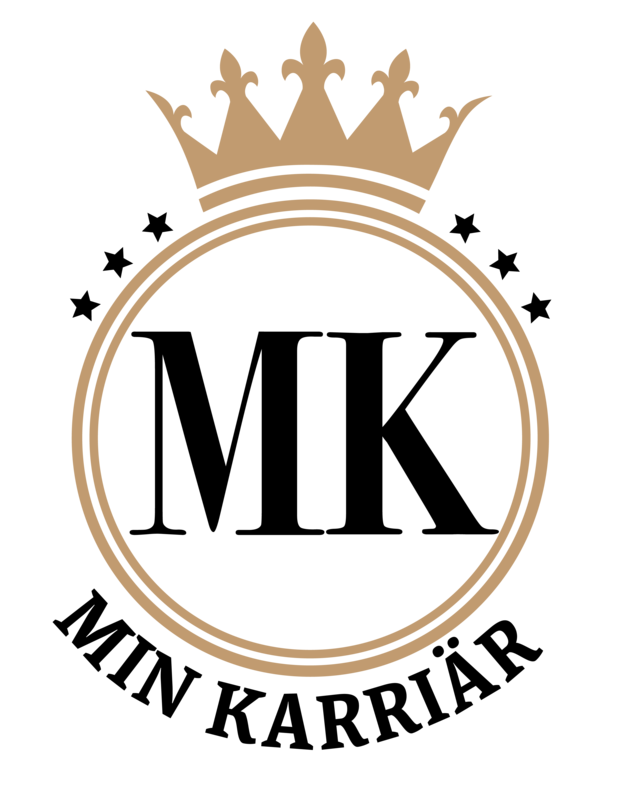 Logotyp med en gyllene krona, svarta bokstäver 'MK' och texten 'MIN KARRIÄR' under en cirkel med stjärnor.