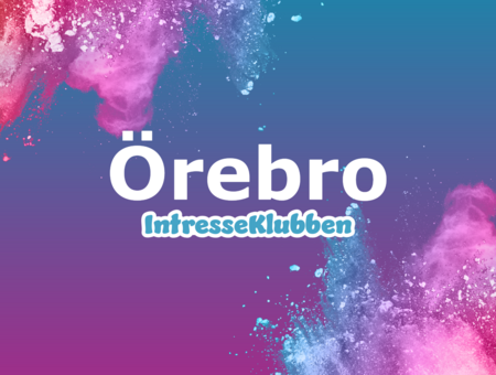 Texten 'Örebro IntresseKlubben' på en färgglad bakgrund med blå, rosa och lila färgpulver.