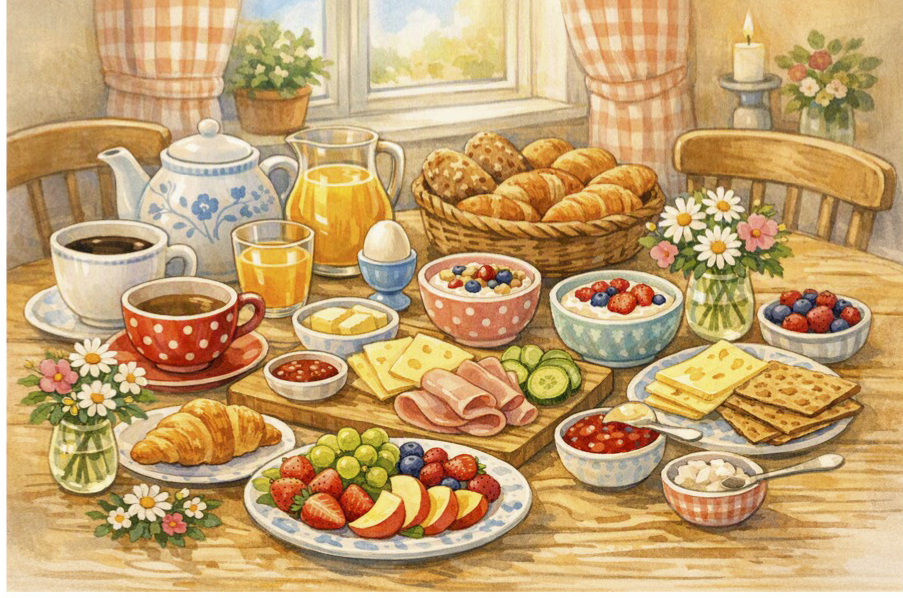 Ett dukat frukostbord med bröd, frukt, ost, kaffe, te, juice och blommor i en ljus, lantlig miljö.