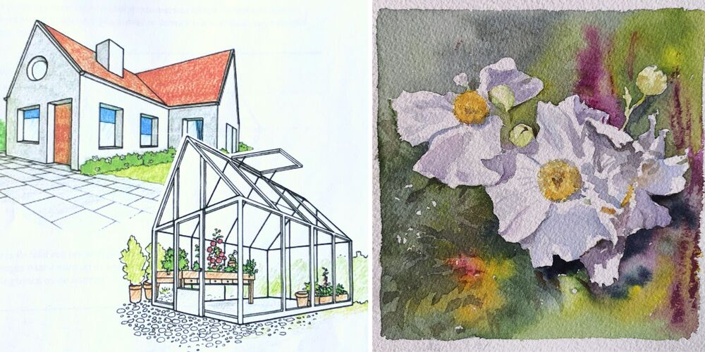Två illustrationer: en av ett hus med växthus och en av vita blommor mot färgglad bakgrund.