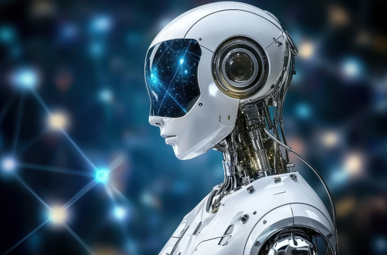 En futuristisk robot med vit kropp och mörkt visir står mot en suddig bakgrund med ljuspunkter.