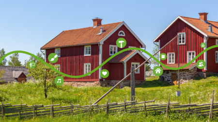 Två röda trähus på landet med grönt gräs och en grafisk linje med ikoner framför.