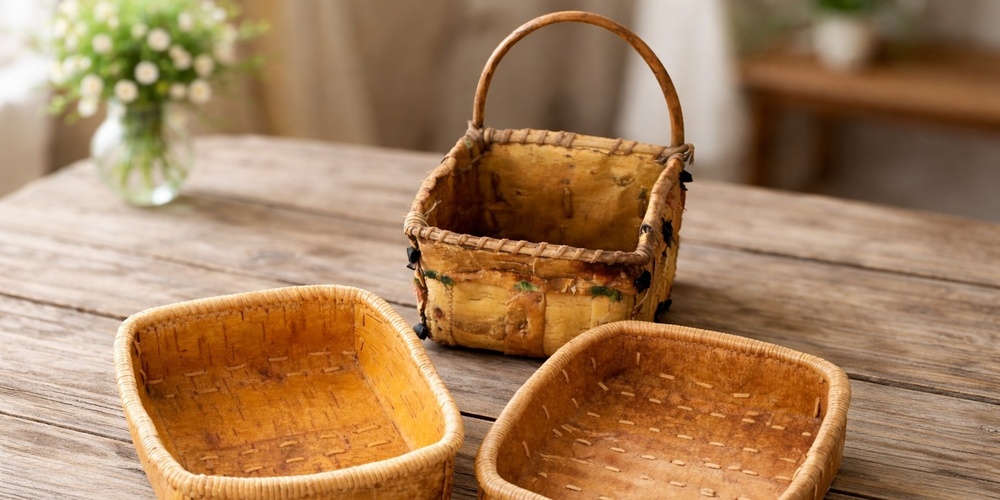 Tre handgjorda korgar av näver står på ett rustikt träbord, med en suddig vas med blommor i bakgrunden.