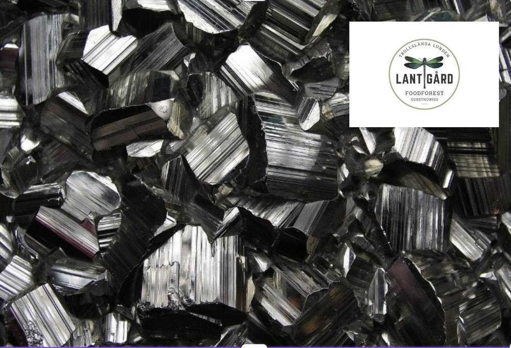 Närbild av glänsande metalliska mineraler med en logotyp för Lantgård i övre högra hörnet.