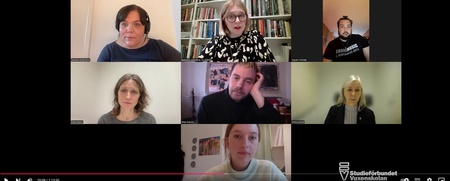 Skärmdump av ett videomöte med sju personer i olika rutor, med logotypen för Studieförbundet Vuxenskolan.