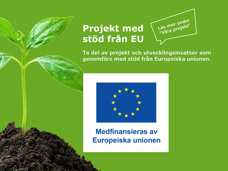 Grön bakgrund med en växande planta, EU-flagga och text om projekt med stöd från Europeiska unionen.