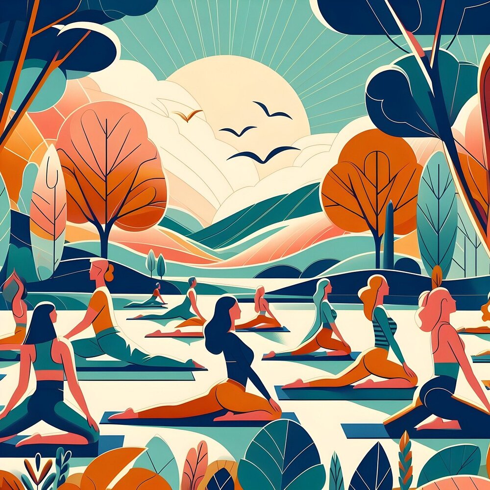 Illustration av människor som gör yoga utomhus i en färgglad naturmiljö med soluppgång och träd.