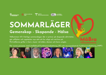 Affisch för sommarläger med text om gemenskap, skapande och hälsa, samt bilder på deltagare och aktiviteter.