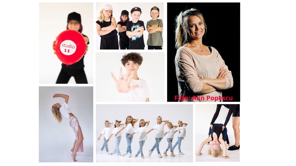 Kollage med dansande barn och vuxna, en röd boll med texten 'studio 11', och olika dansposer.