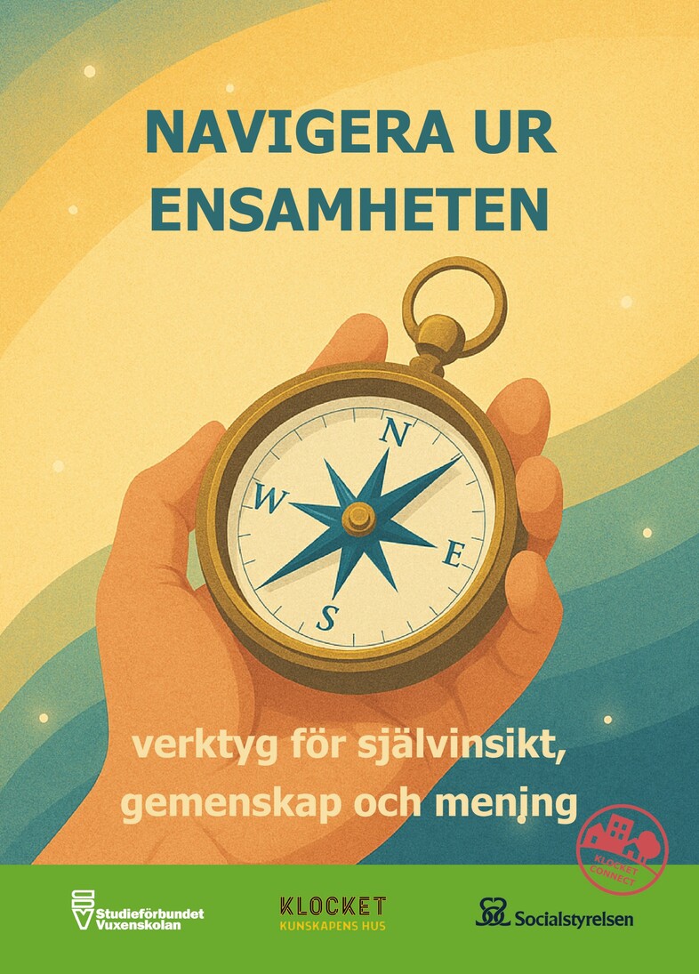 Illustration av en hand som håller en kompass med texten 'Navigera ur ensamheten'.