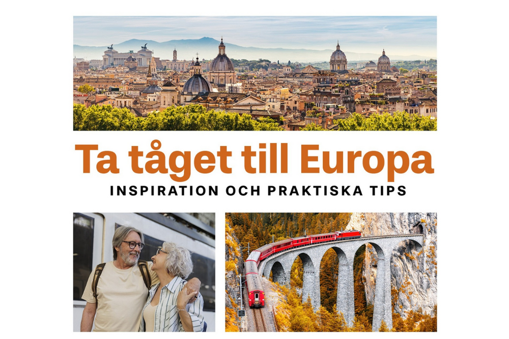 Bokomslag till Maria Lundin Osvalds bok "Ta tåget till Europa". Äldre par på resa, tåg över bro, utsikt över takåsar i Italienska stad.
