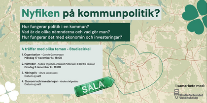 Informationsbild om studiecirkel om kommunpolitik i Sala med datum och teman.