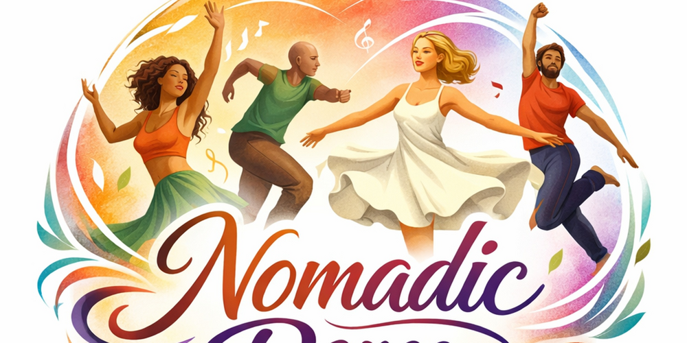 Fyra personer dansar energiskt i färgglad illustration med texten 'Nomadic Dance' och orden 'Movibility, Flexibility, Musicality'.