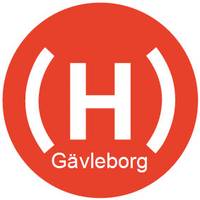 Röd cirkel med ett vitt H inom parentes och texten Gävleborg under.