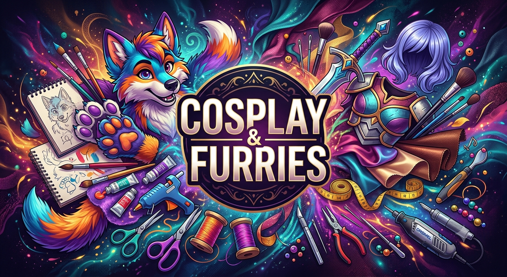 Färgstark illustration med texten 'Cosplay &amp; Furries', en tecknad räv, cosplayrustning och pysselmaterial.