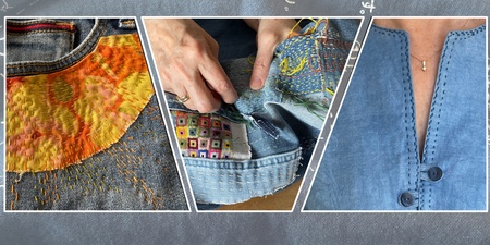 Collage med broderade jeans, händer som broderar och blå skjorta med dekorativa sömmar.
