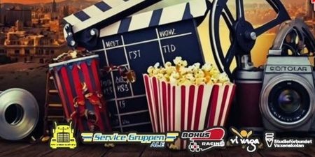 Affisch med filmtema, filmklappa, kamera, popcorn och text om filminspelning den 14 januari.