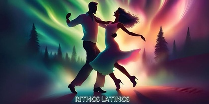 Två personer dansar under färgglada norrsken med texten 'Noche Latina' och 'Ritmos Latinos' ovanför.