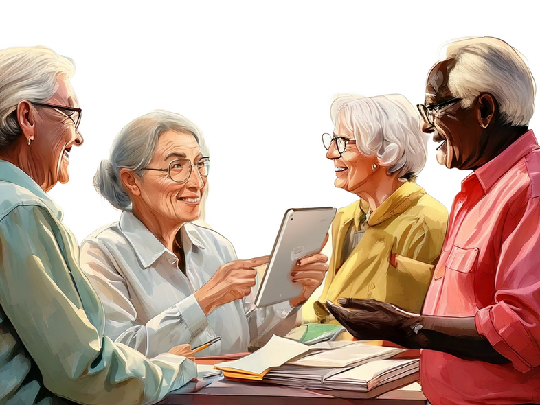 Fyra äldre personer samtalar och ler runt ett bord med böcker och en surfplatta.