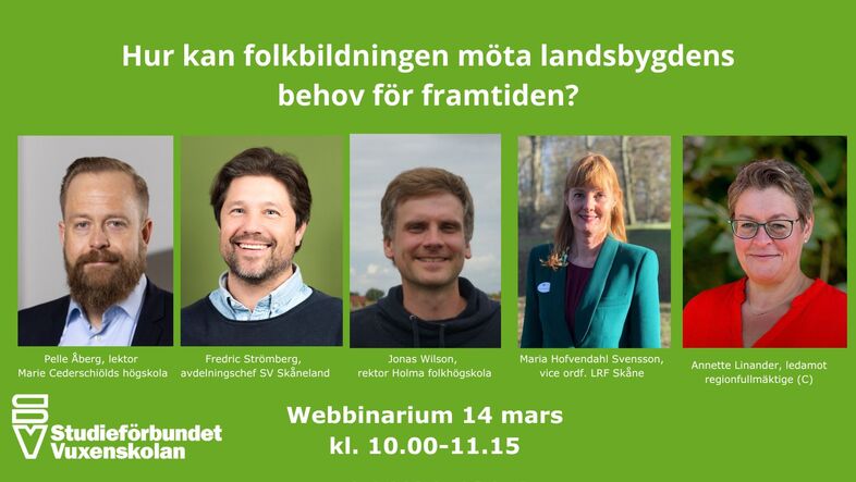 Affisch för webbinarium om folkbildningens roll på landsbygden med fem porträtt och information om evenemanget.
