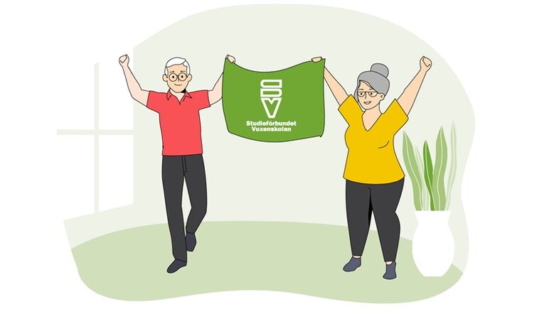 Två personer håller upp armarna samt håller en grön SV-flagga mellan sig.