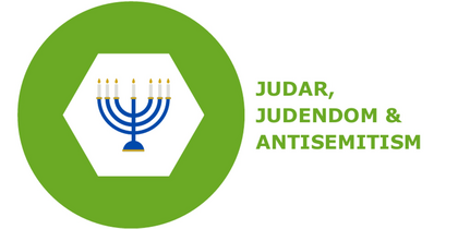 Illustration av en menorah och texten 'Judar, judendom & antisemitism' på vit och grön bakgrund.