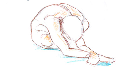 Skiss av en person som sitter framåtlutad med armarna sträckta mot golvet.