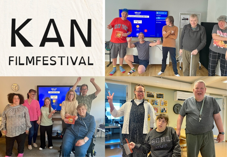 Fyra bilder: KAN filmfestival-logga och tre grupper av glada personer framför en TV-skärm inomhus.
