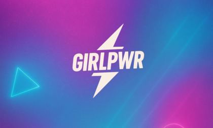 Texten 'GIRLPWR' med en blixtsymbol på en färgglad, neonfärgad bakgrund.