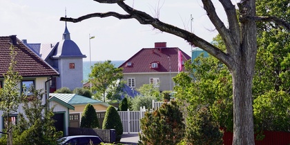 Vy över ett bostadsområde med färgglada hus, trädgårdar och ett stort träd i förgrunden.