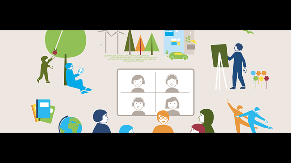 Illustration av barn och vuxna som lär sig och leker utomhus och digitalt, med färgglada figurer och objekt.