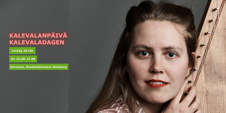 Affisch för Kalevaladagen med information om evenemanget och en person som håller ett stränginstrument.