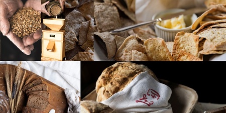 Kollage med närbilder på bröd, mjöl, säd, bakning och en kvinna som ler mot kameran.