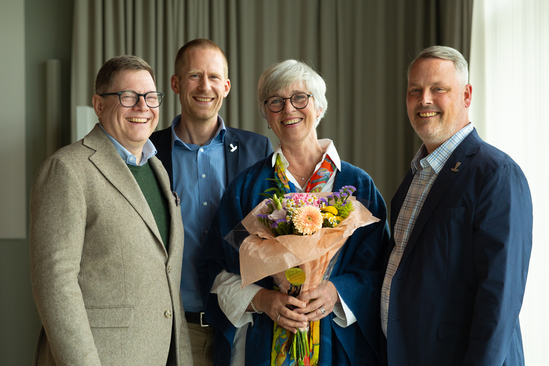 Per Lodenius, Linus Olofsson, Ulrika Heie och Jesper Rehn. Ny förbundsordförande Jesper Rehn och avtackning av den gamla förbundsordföranden Ulrika Heie.