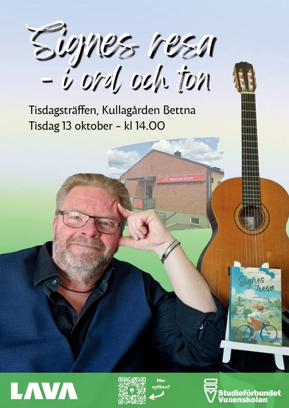 Affisch för evenemanget 'Signes resa – i ord och ton' med man, gitarr, bok och byggnad.