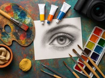 Ett realistiskt tecknat öga på papper omgiven av konstnärsmaterial som penslar, färgtuber, palett och akvarellfärger.